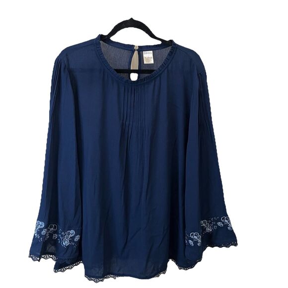 Time and Tru Blue Floral Embroidered Tunic Top Keyhole Boho Cottage Womens XL - Picture 1 of 8